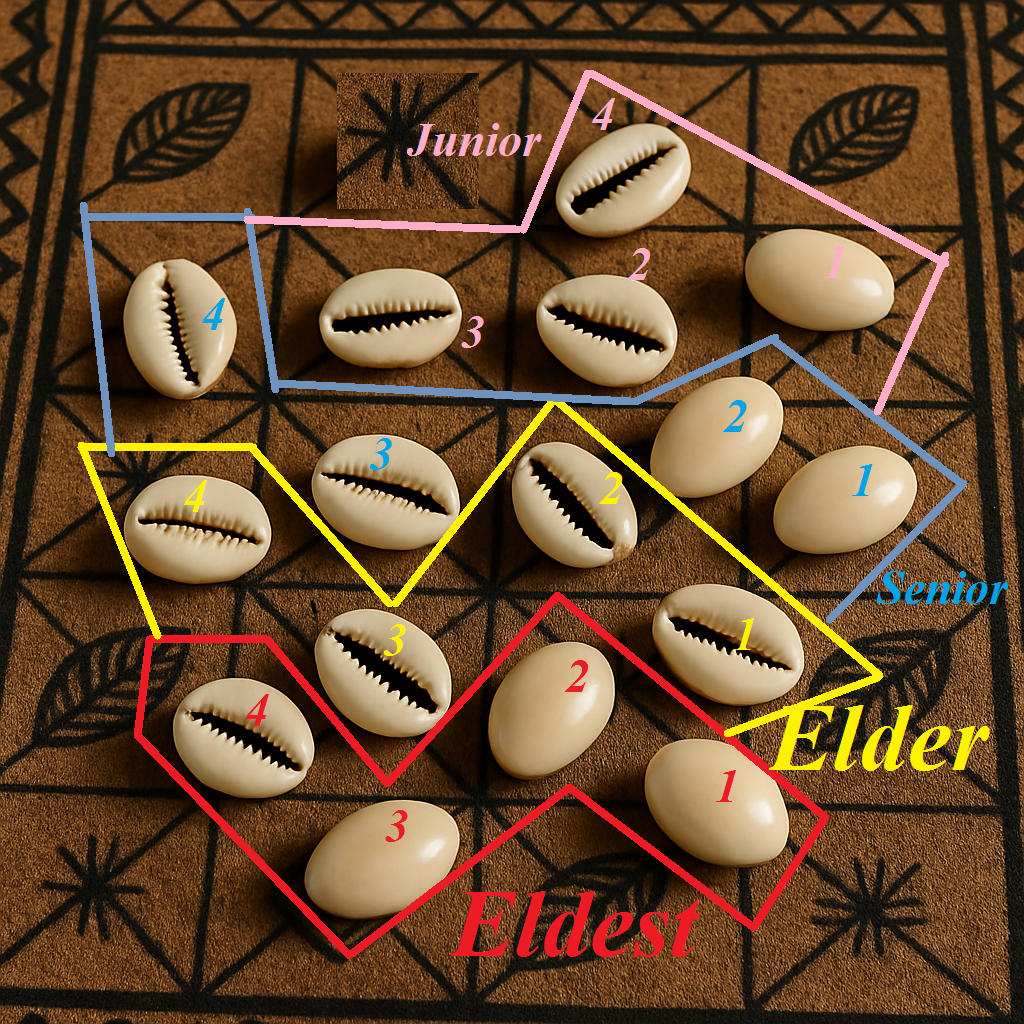 Sixteen cowrie shells, 8 face up and 8 face down, randomly cast on a divination mat